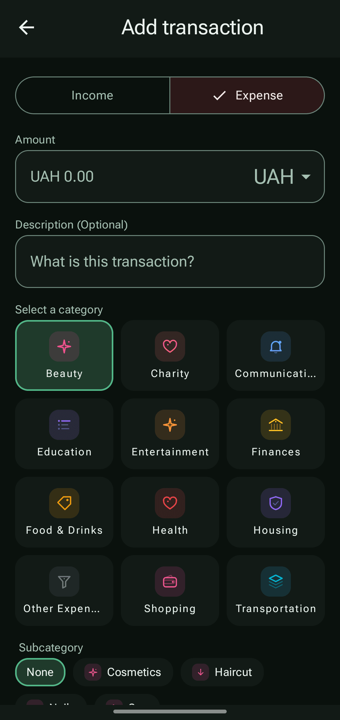 PayCheck add transaction screen with amount and category controls