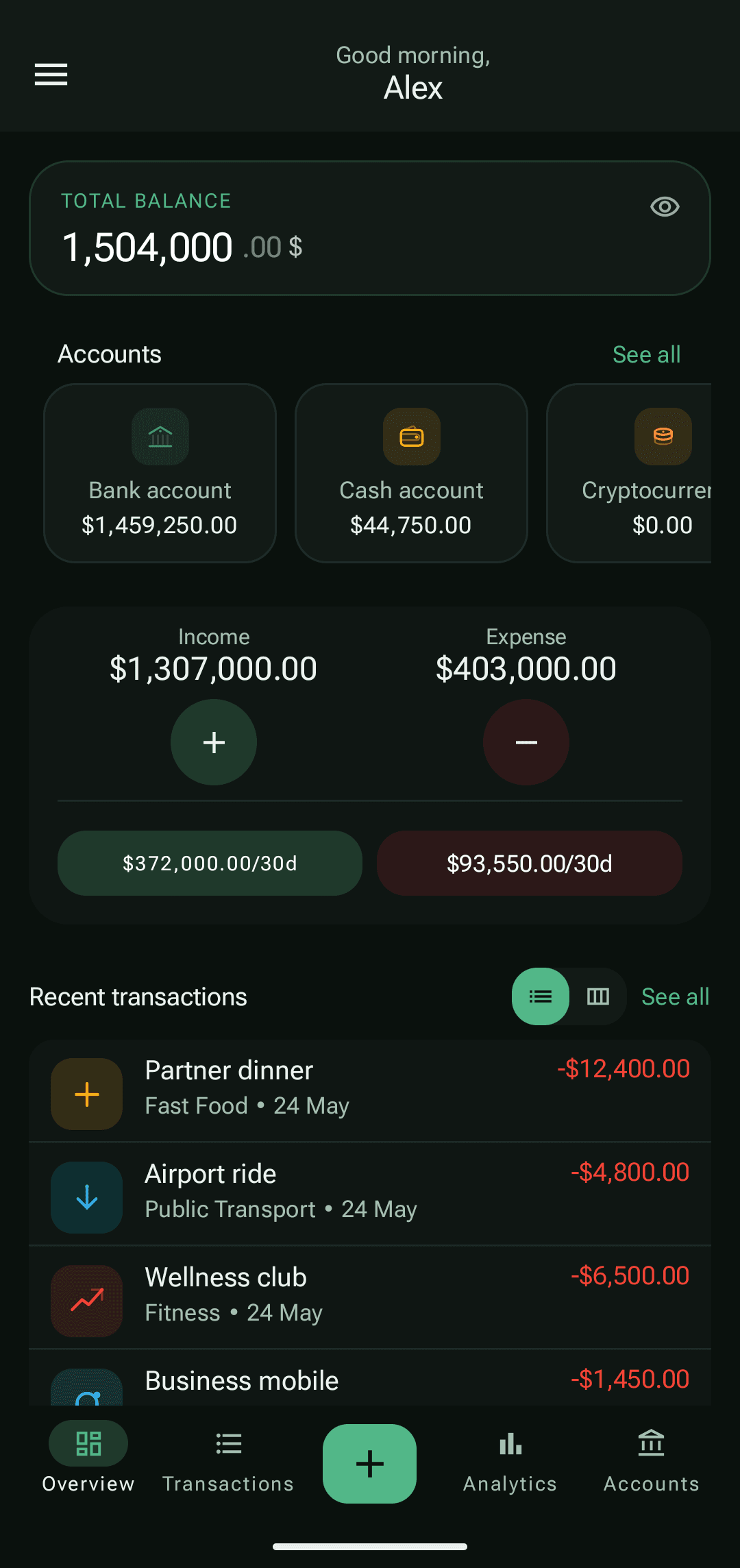 PayCheck dashboard with account balances and recent transactions