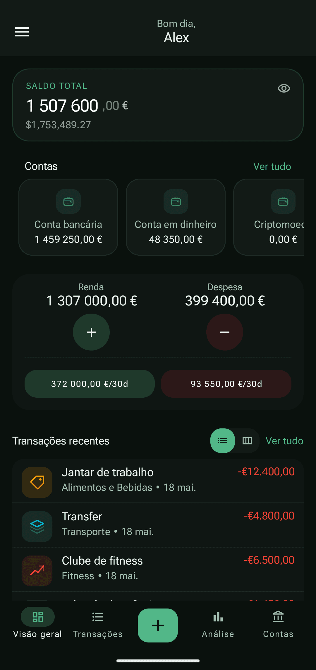Painel PayCheck com saldos de contas e transações recentes