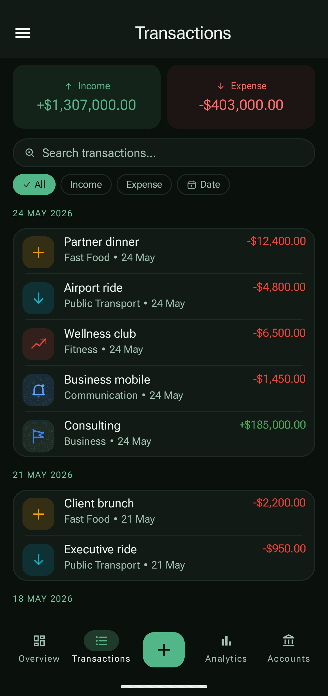 PayCheck transaction history with real income and expense records