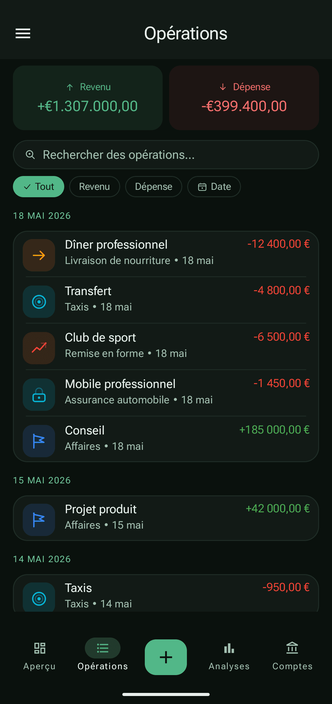 Historique PayCheck avec revenus et dépenses réels