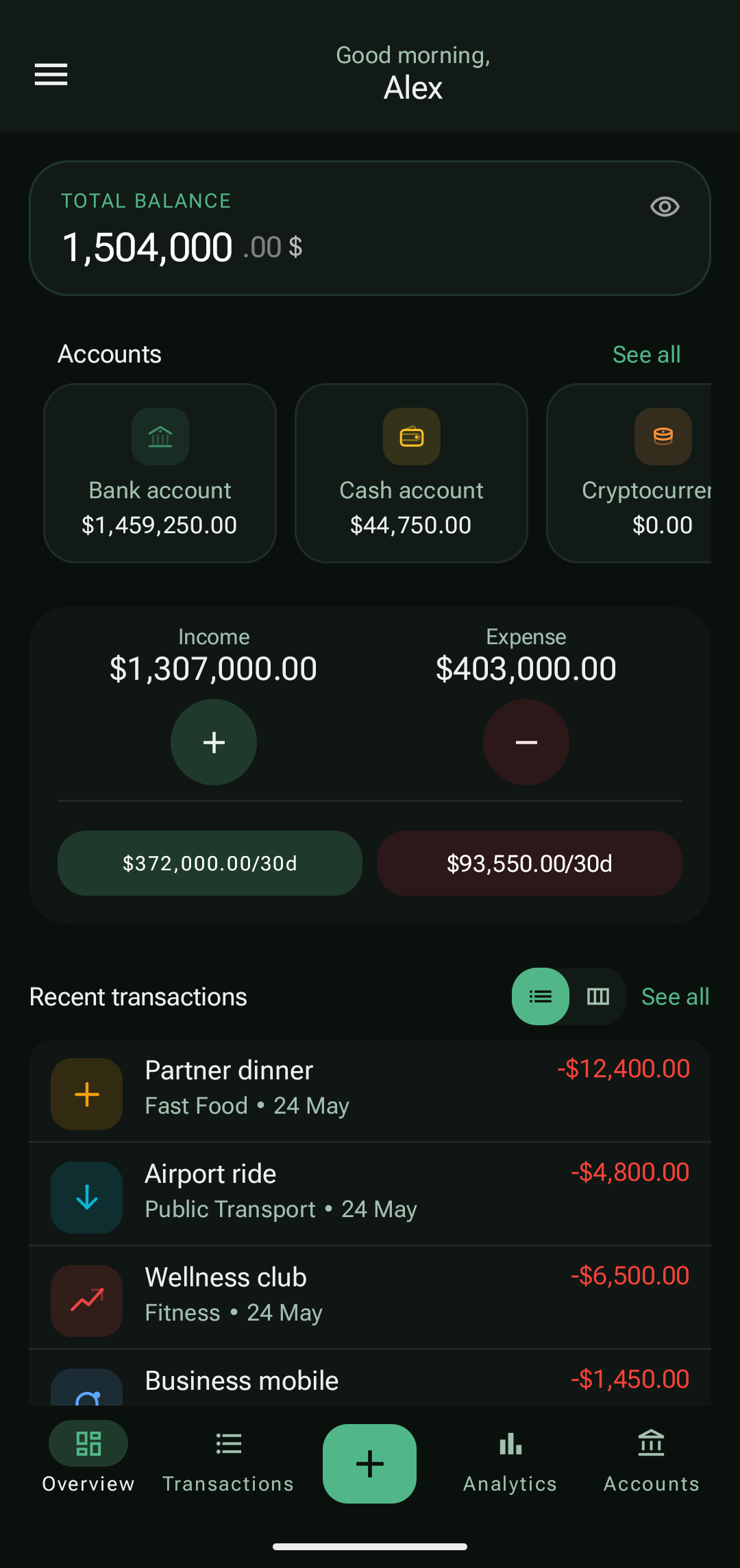 PayCheck dashboard with account balances and recent transactions