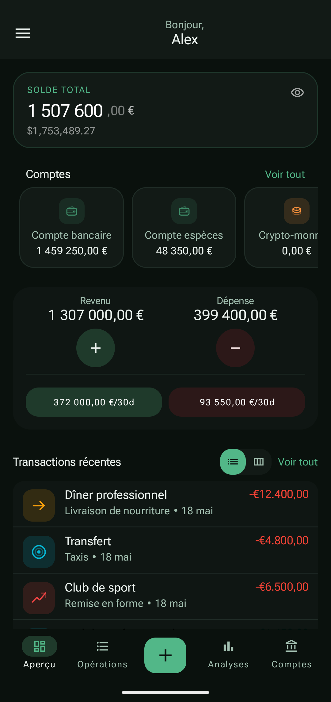 Aperçu PayCheck avec soldes de comptes et transactions récentes