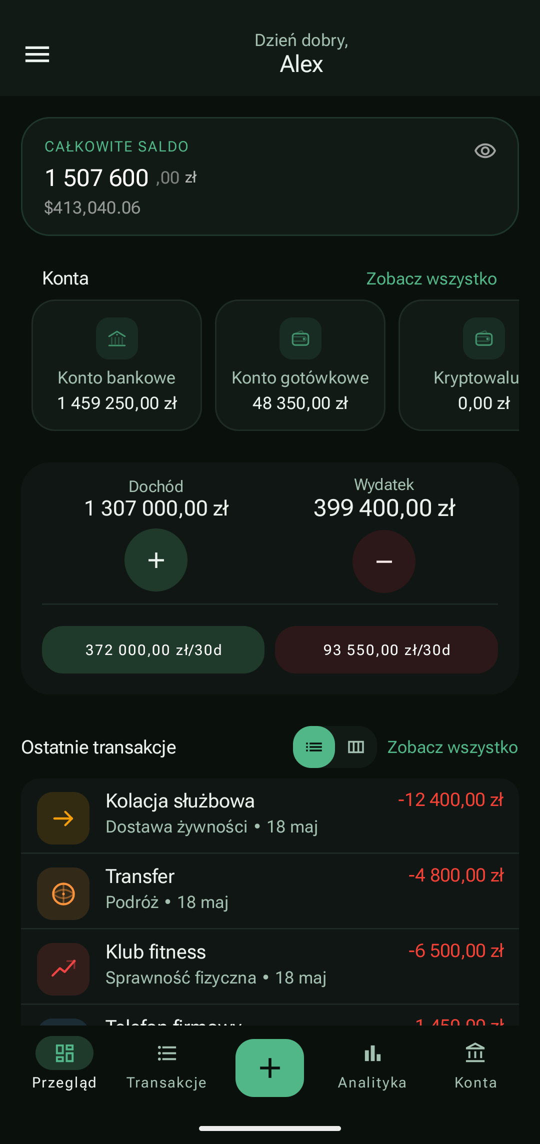 Ekran główny PayCheck z saldami kont i ostatnimi transakcjami