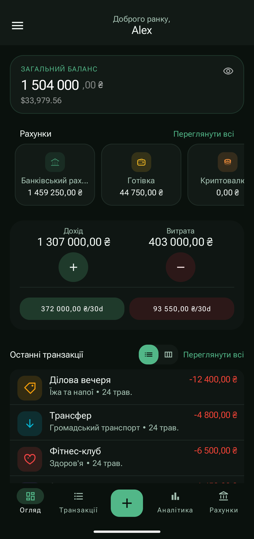 Екран огляду PayCheck з балансами та останніми транзакціями