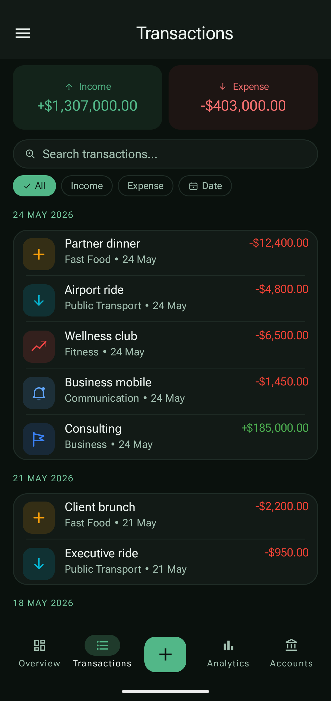 PayCheck transaction history with real income and expense records