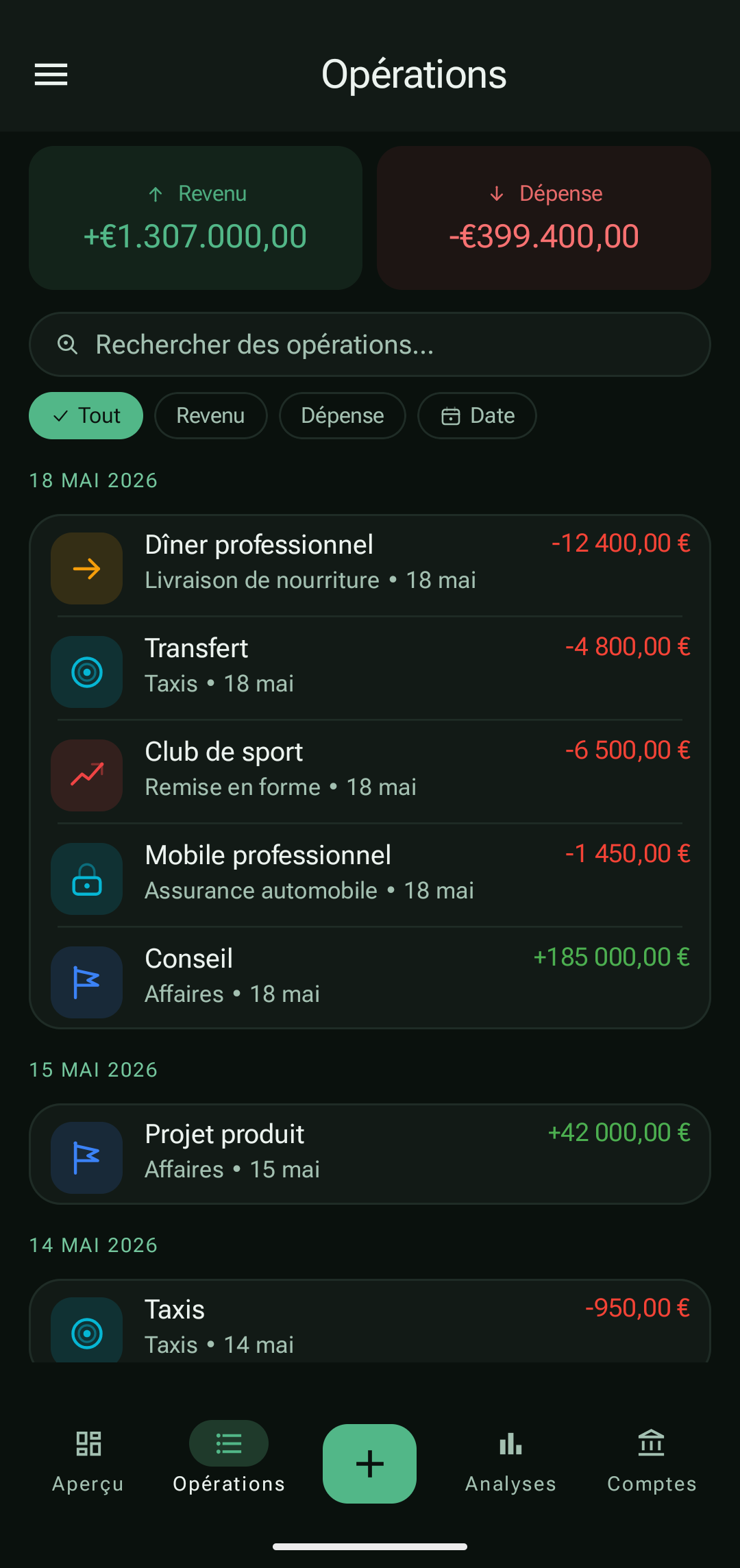 Historique PayCheck avec revenus et dépenses réels