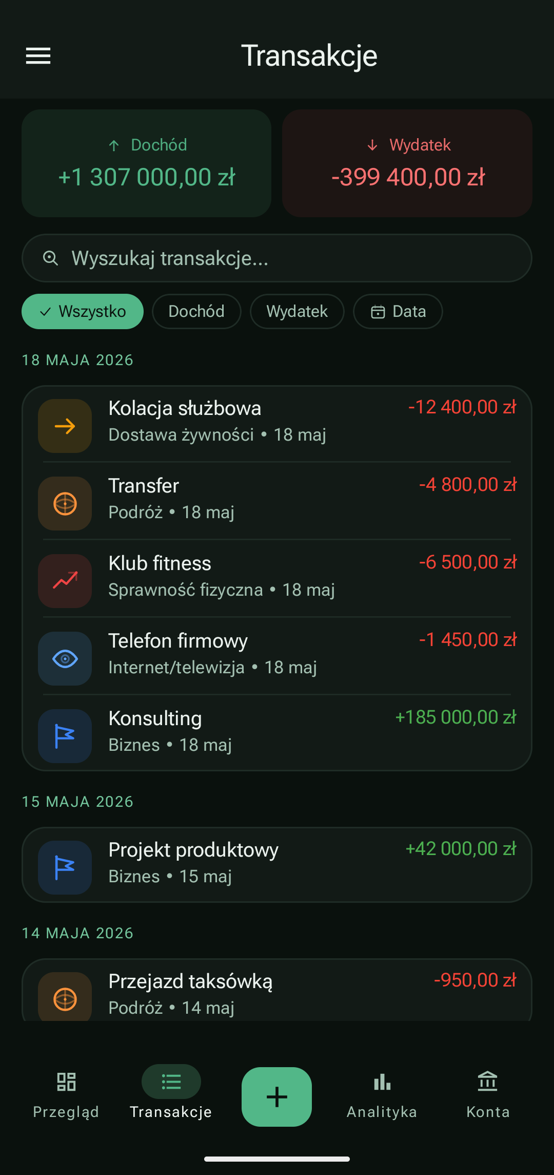 Historia transakcji PayCheck z prawdziwymi przychodami i wydatkami